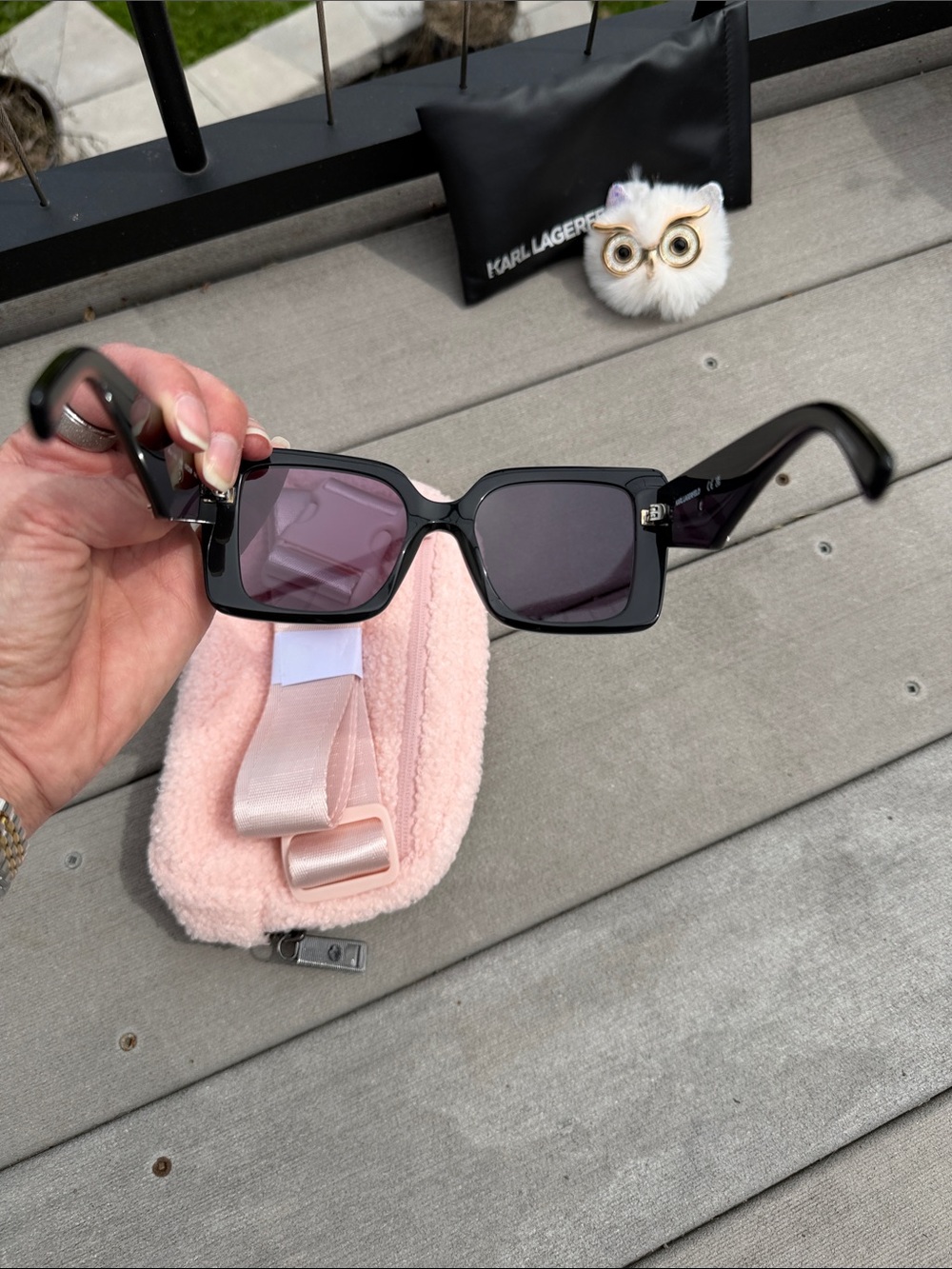 BUNDLE! Karl Lagerfeld Sunglasses & case, faux Sherpa belt bag & Owl Bag charm. - Picture 5 of 5